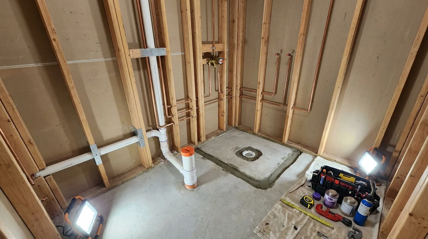 Bathroom rough-in plumbing during remodel by Johns Plumbing LLC in Loris