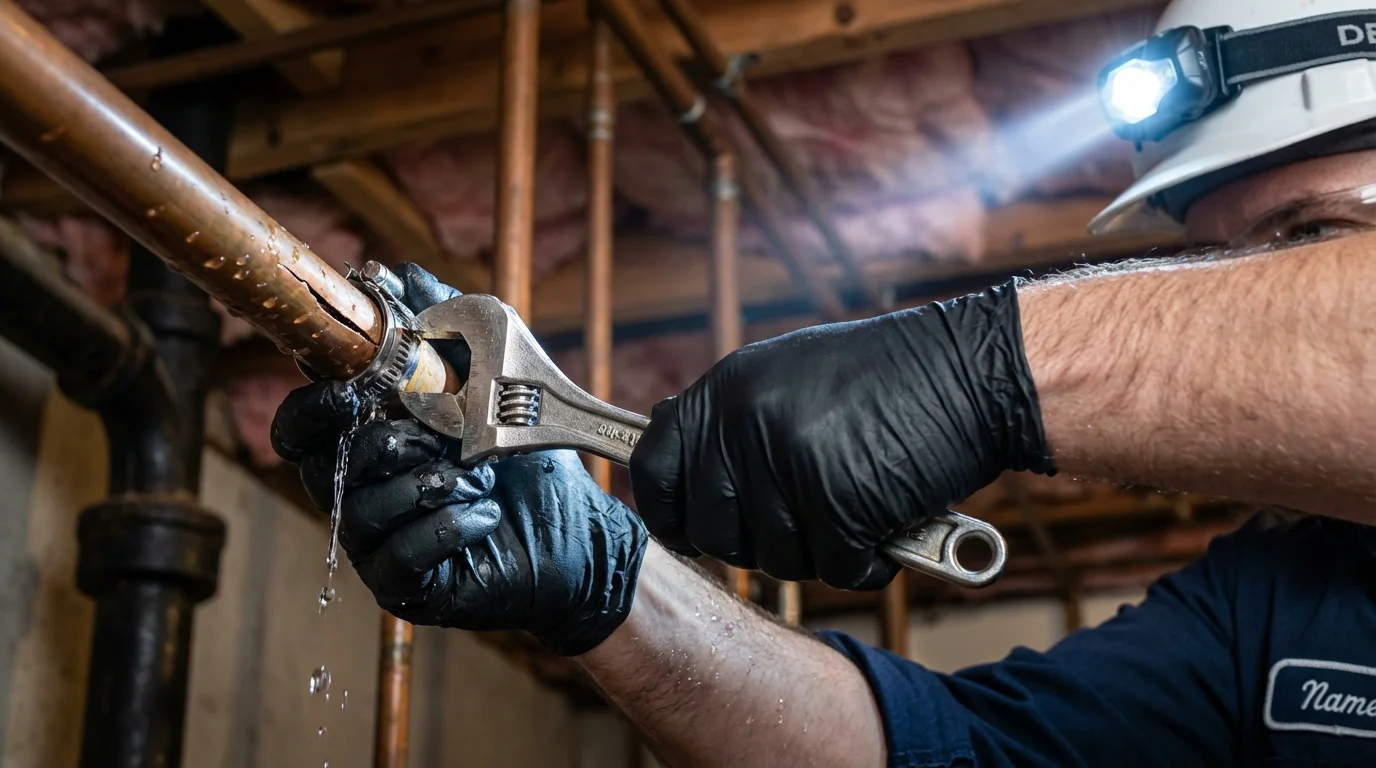 Emergency pipe clamp repair being performed by a Johns Plumbing LLC plumber in Loris