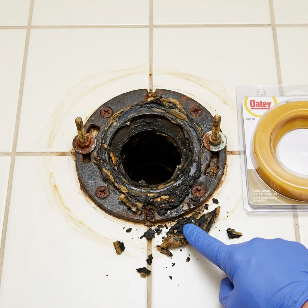 Failed wax ring showing water seepage at the base of a toilet in a Loris, SC home