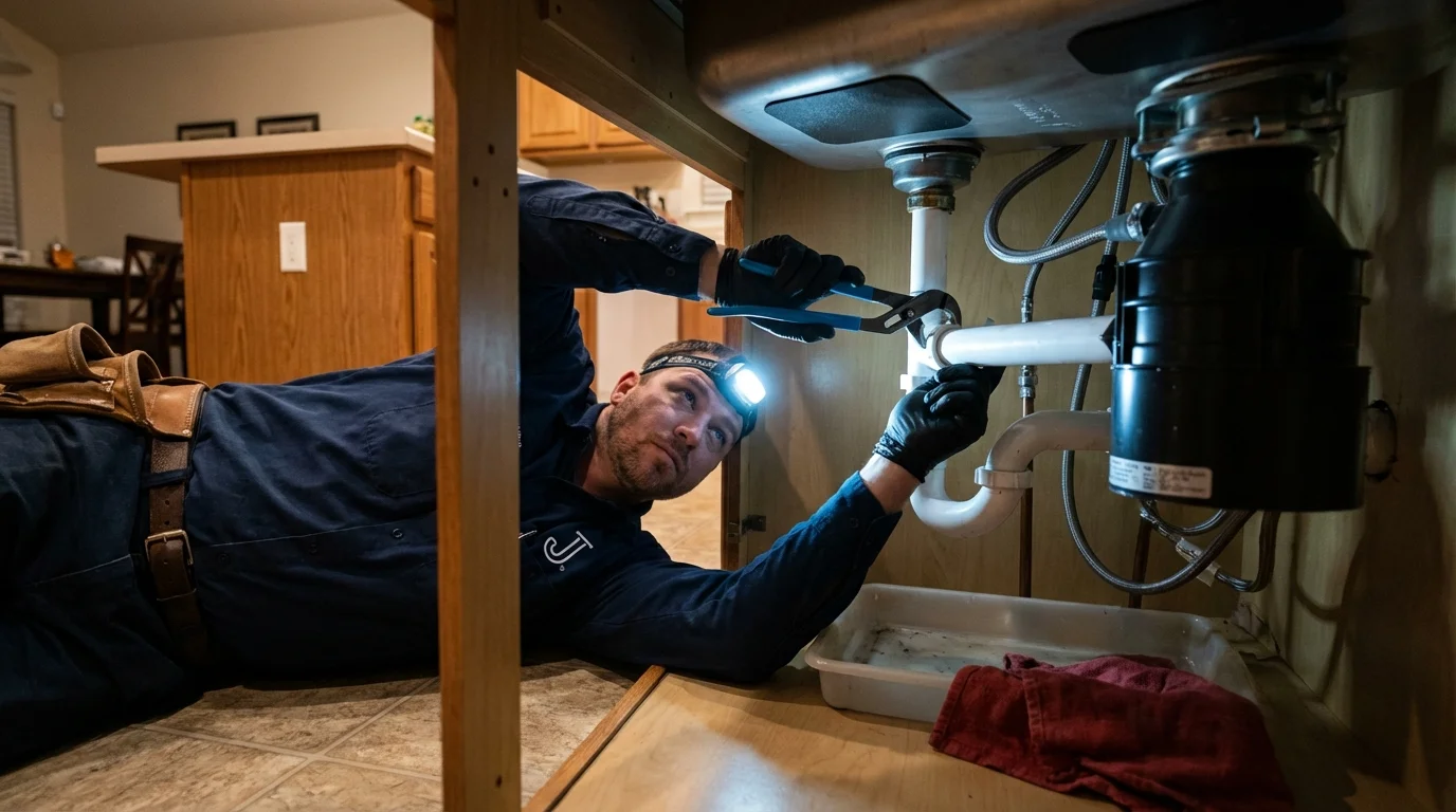 P-trap and supply line connections under a kitchen sink showing a common leak point in Loris, SC